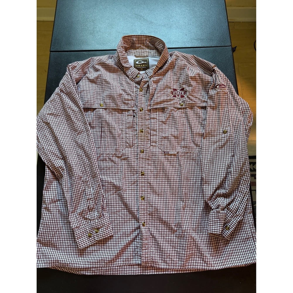 Drake Waterfowl Mississippi State Bulldogs Gingham Fishing Shirt Maroon Mens 2X